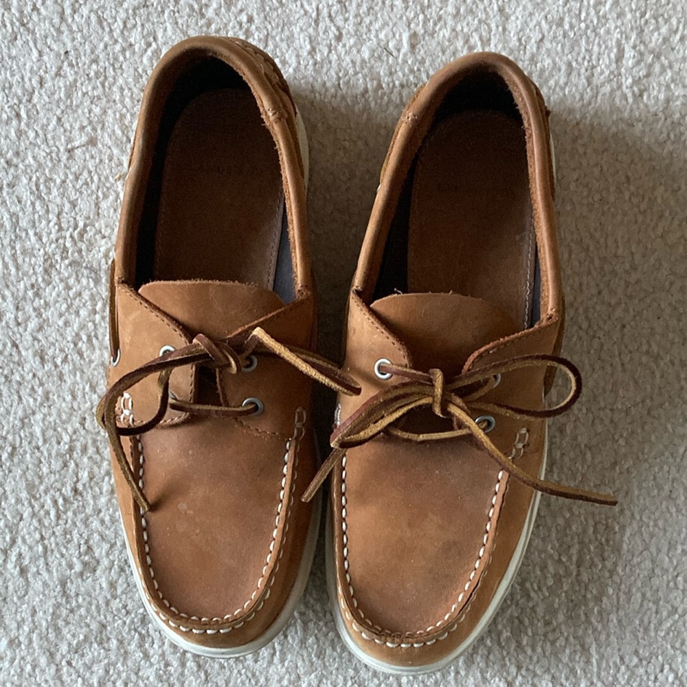 Lands End Women's Boat Shoes Tan Leather with Toe Stitching - Size 9B